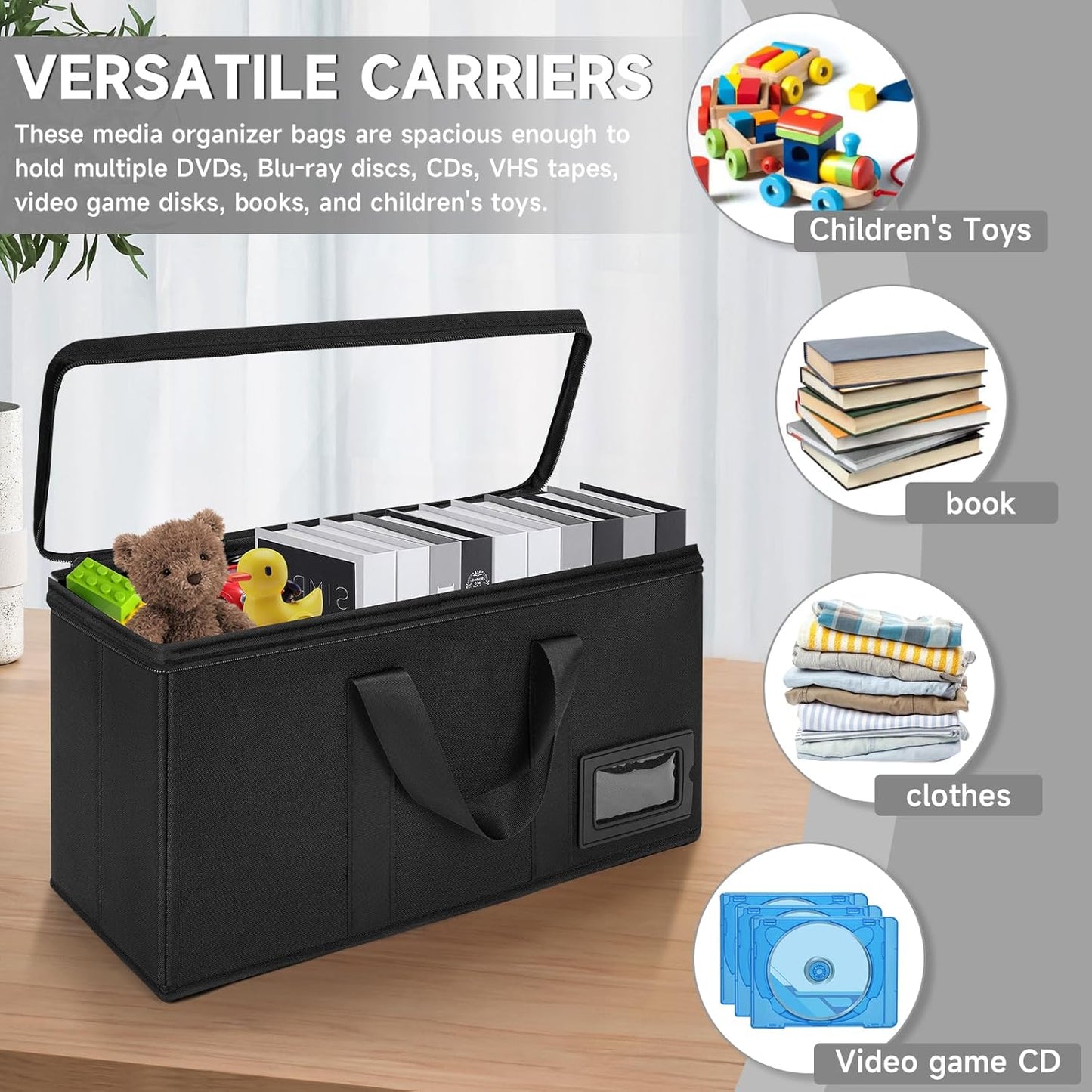 4 Pack-DVD Storage Boxes, PVC Clear Lid, DVD Case Holder Organizer with Index Labels-15.4"x 5.5"x 7.9" DVDs Storage Holder Bags for DVDs, CDs, Video Games, Books, Each Hold up to 25 DVDs Jewel Cases