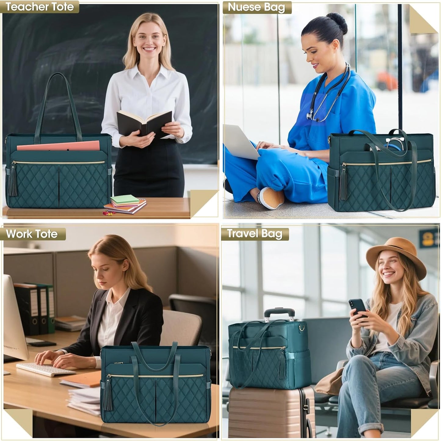 RAINSMORE Laptop Bag For Women 15.6 Inch Work Teacher Tote Bag Waterproof Nurse Bag Large Handbag Shoulder Travel Computer Messenger Bag Briefcase,Black - PuriLite