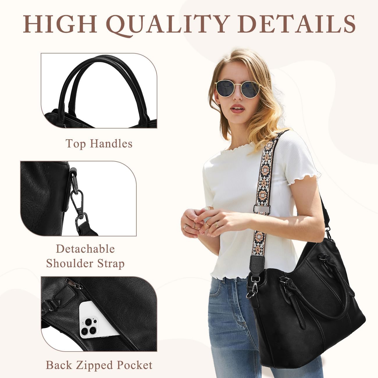 Hobo Bags for Women,VASCHY Vegan Leather Handbag Purse Top Handle Satchel Boho Shoulder Bag with Crossbody Guitar Strap