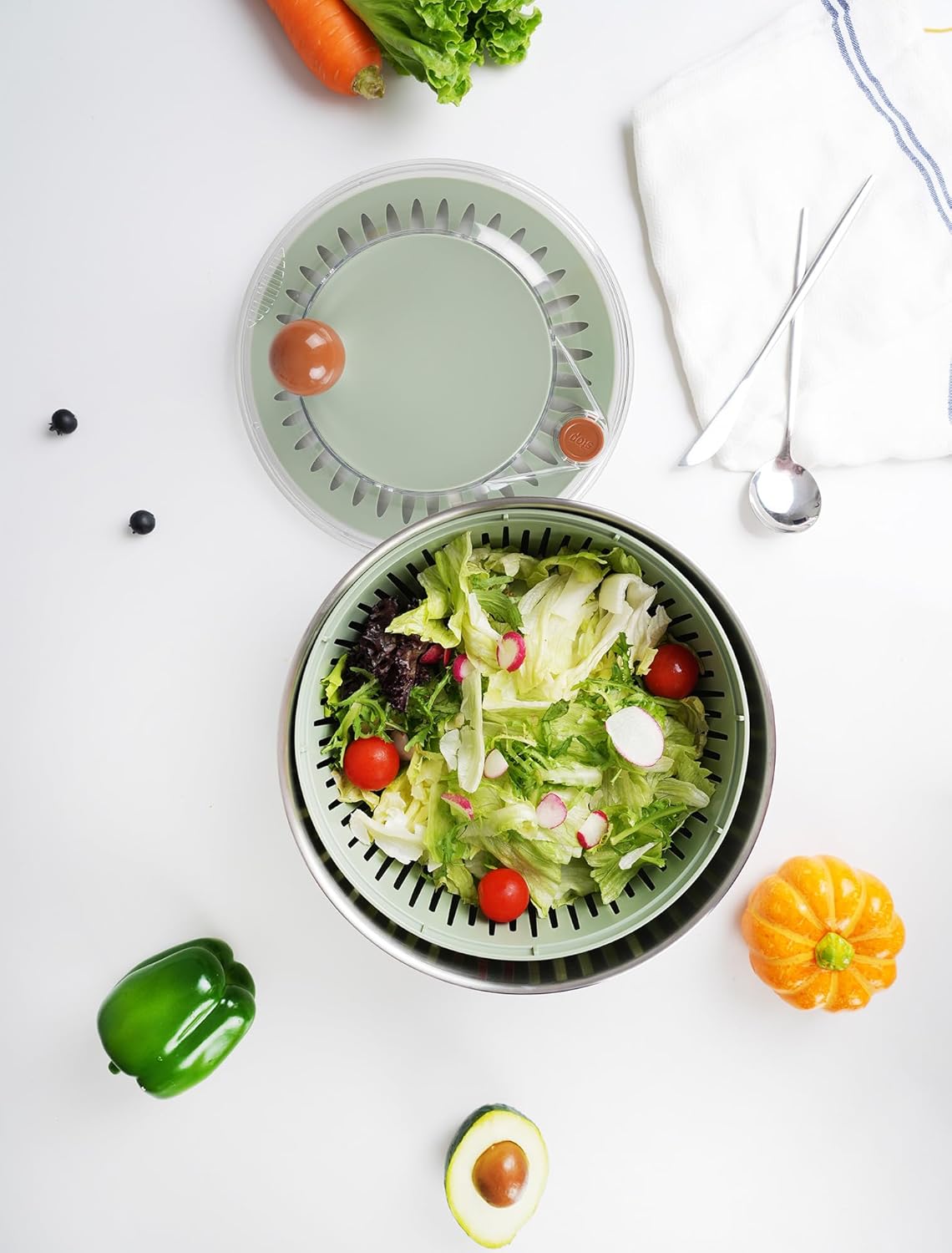 Lunememo Stainless Steel Salad Spinner, Lettuce Spinner with Drain, Non-Slip Base, Stop Button, Vegetable Dryer, BPA Free, 5L