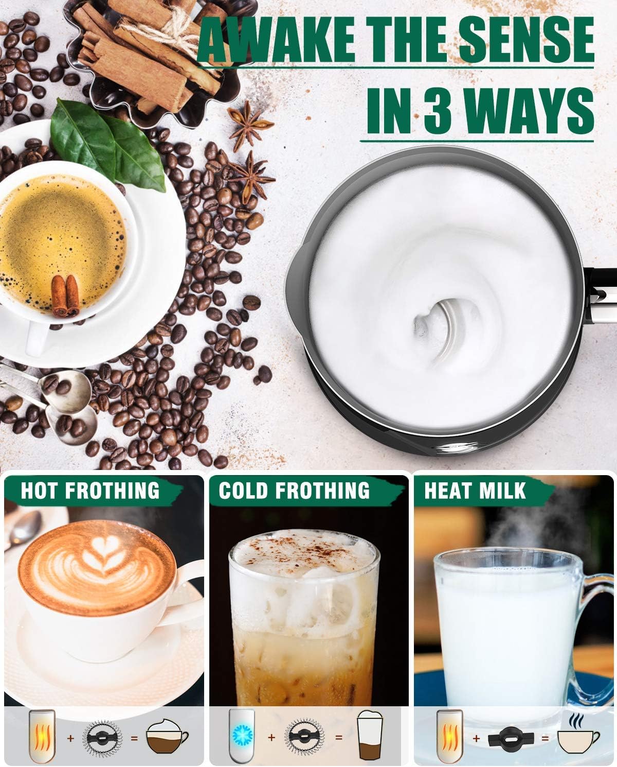 Huogary Electric Milk Frother, 4 in 1 Stainless Steel Milk Steamer, Milk Frother and Steamer for Coffee Milk Warmer for Latte, Cappuccinos, Macchiato
