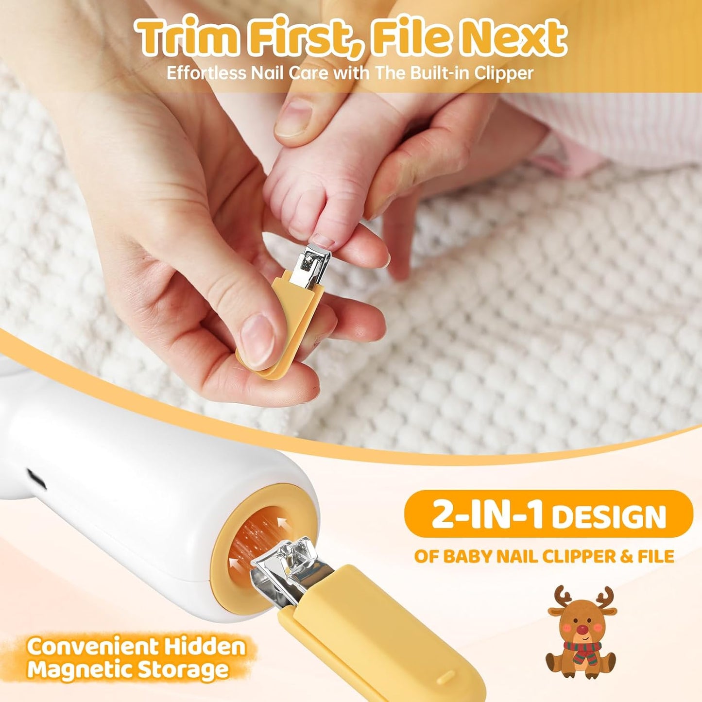 Baby Electric Nail File with Clipper, 5-in-1 Baby Nail Trimmer with LED Light, Rechargeable Nail Clippers for Infant Toddler Kid Adult, Low Noise, Includes 5 File Pads, Yellow Deer