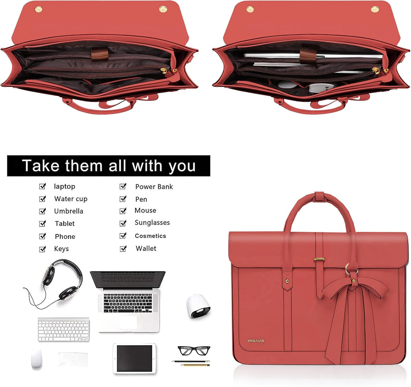 MOSISO Laptop Bag for Women, PU Leather Laptop Shoulder Bag Convertible Backpack, Work Travel Computer Bag with Bowknot - PuriLite