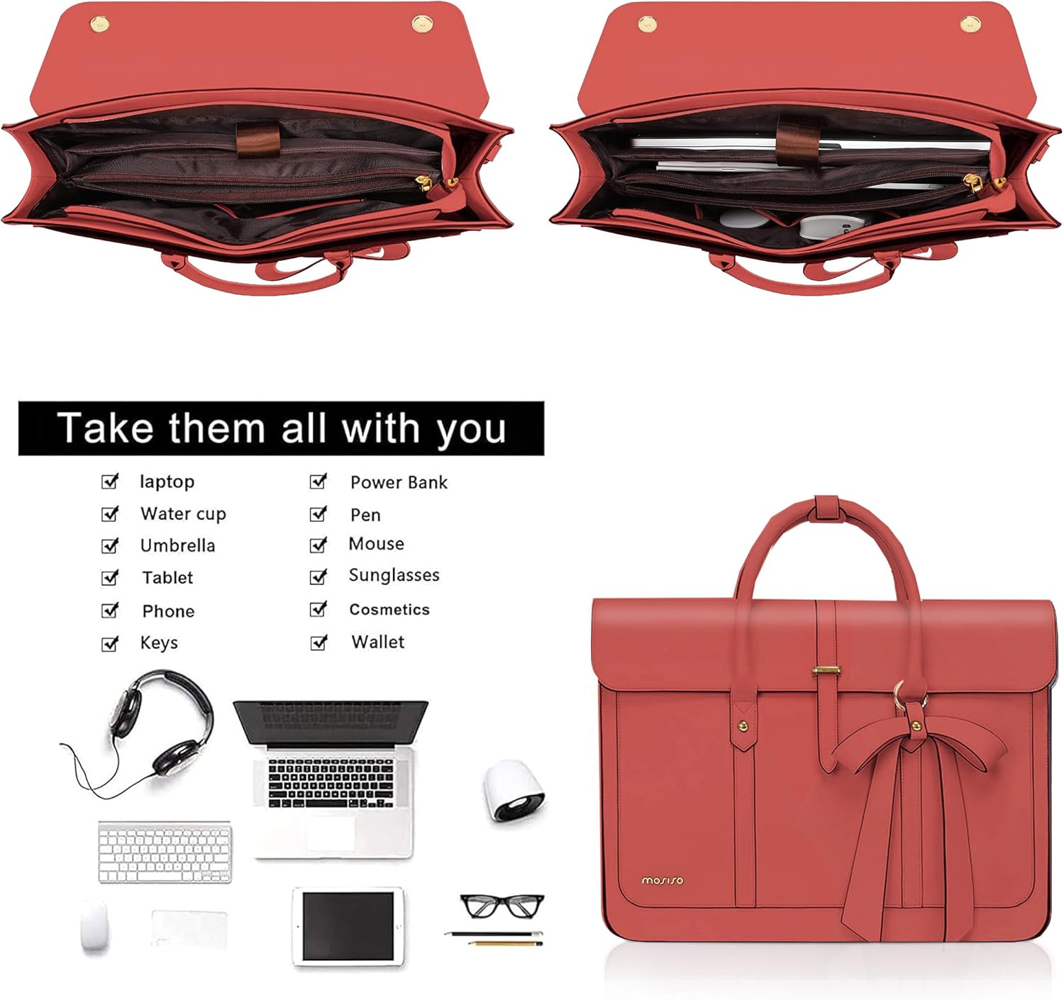 MOSISO Laptop Bag for Women, PU Leather Laptop Shoulder Bag Convertible Backpack, Work Travel Computer Bag with Bowknot - PuriLite