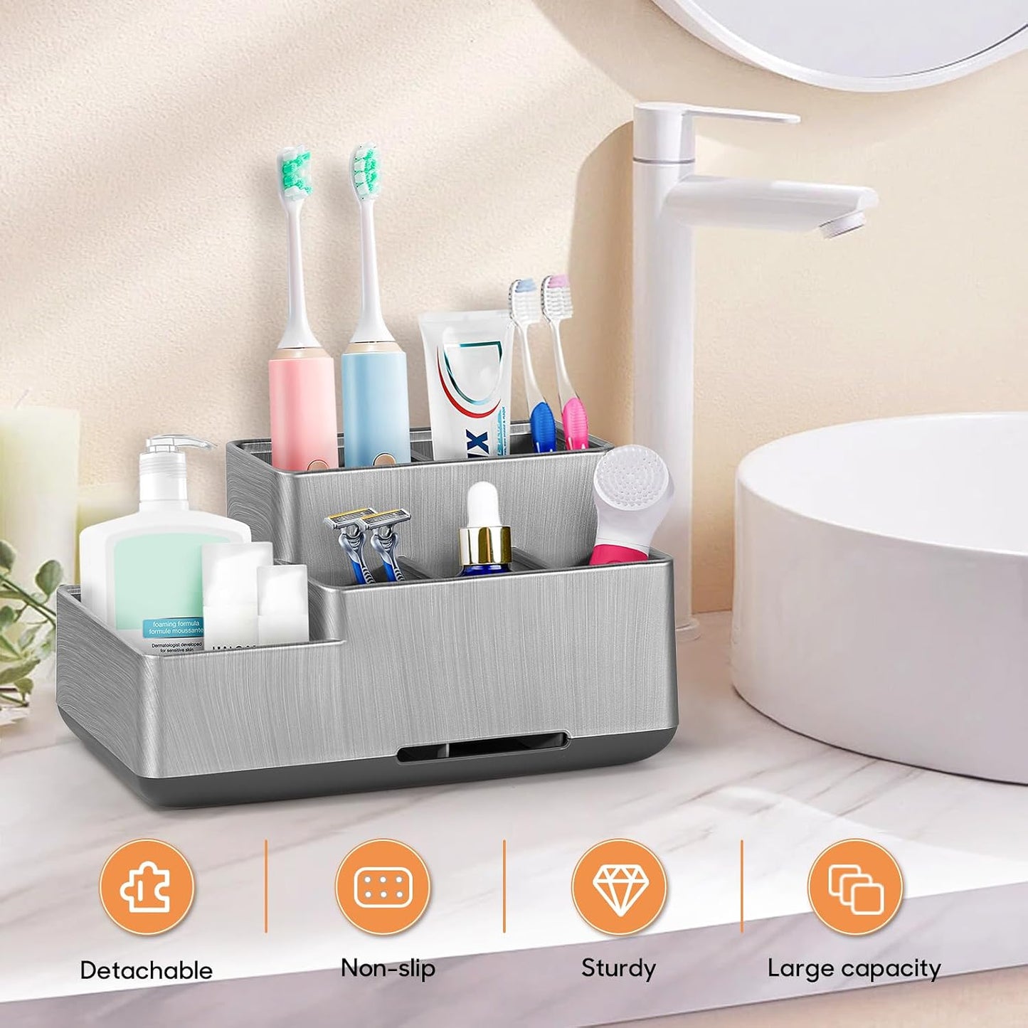 Toothbrush Holder, Bathroom Organizers Countertop, 6 Compartments Multifunctional Washroom Organizer for Toothpaste, Cosmetic, Makeup, Office Stationery Pencils（Silver）