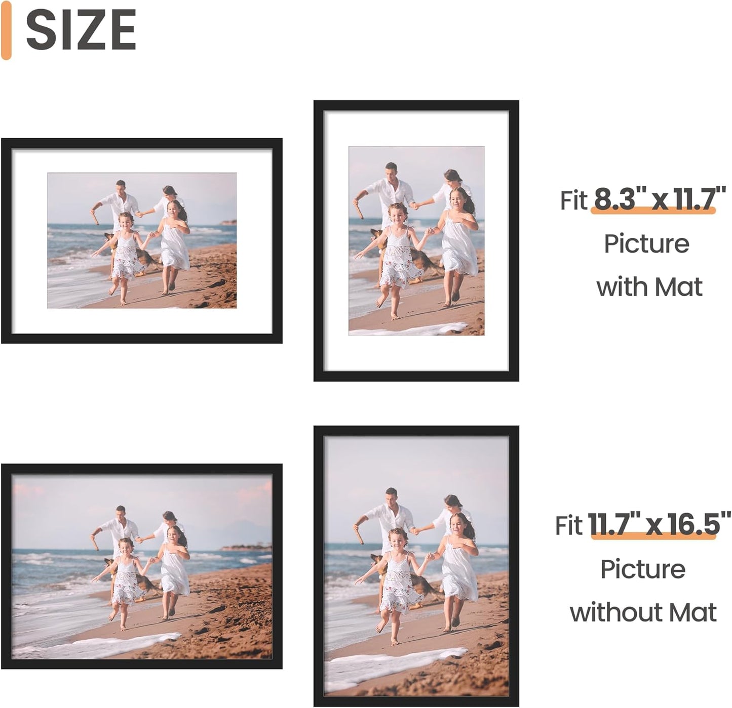upsimples 11x14 Picture Frame, Display Pictures 8x10 with Mat or 11x14 Without Mat, Wall Hanging Photo Frames, Black