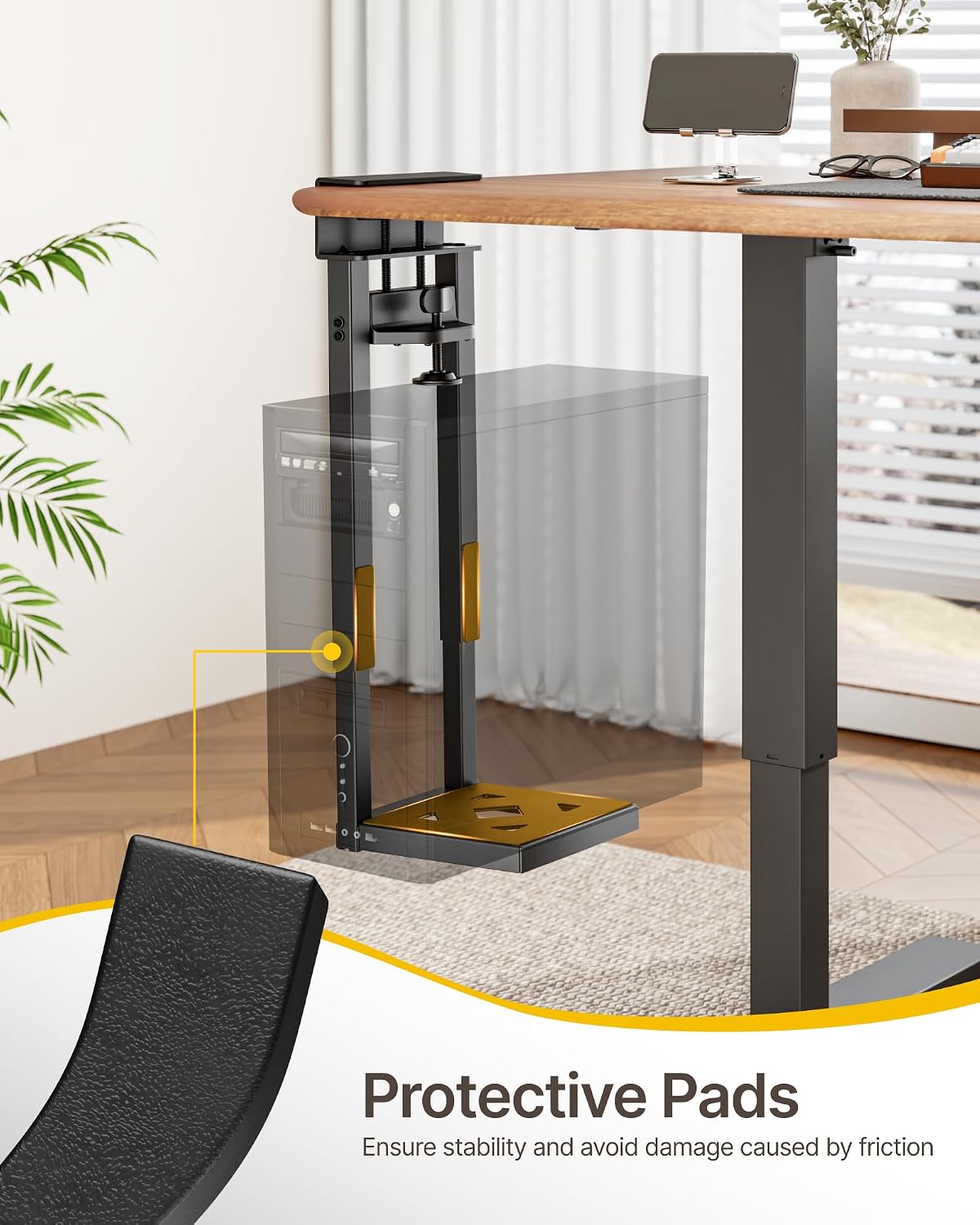 monTEK No Drill Under Desk PC Mount, Clamp-On Heavy Duty CPU Holder with Ventilated Cooling Design for Standing Desk & Home Office, Fits Most PC Cases 16.1"-25.6" (H), 66 lbs, Black