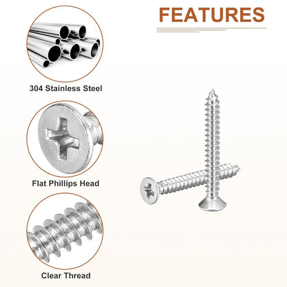 DTGN 100Pcs #6x1/2 Flat Head Wood Screws, 304 Stainless Steel Phillips Self Tapping Screws - Good for Woodworking, Furniture - Silver