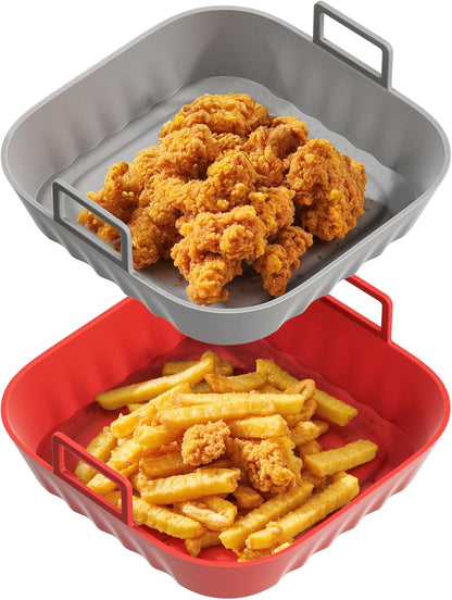 Li&Zhao Silicone Air Fryer Liners Reusable - 2 PCS Round Air Fryer Inserts Air Fryer Accessories 4 to 7 Qt Silicone Liners for Air Fryer Basket(Red & Gray)