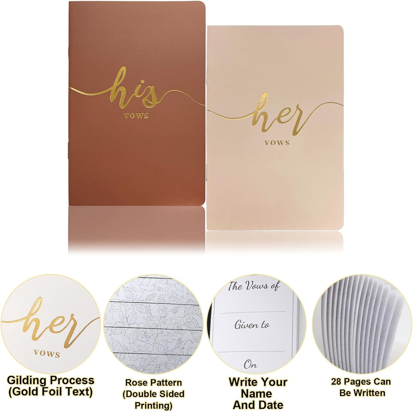 Vekola Vow Books for Wedding His and Hers Elegant Gold Foil Set of 2 Wedding Notebook with 28 Pages (Navy Blue+White)