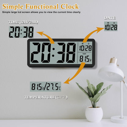 QINYUNE Digital LCD Wall Clock Easy to Set, 8.5 Inch LCD Screen with Time/Date/Temperature Display,Simple Digital Desk Clock with 12/24H for Bedroom Living Room Office