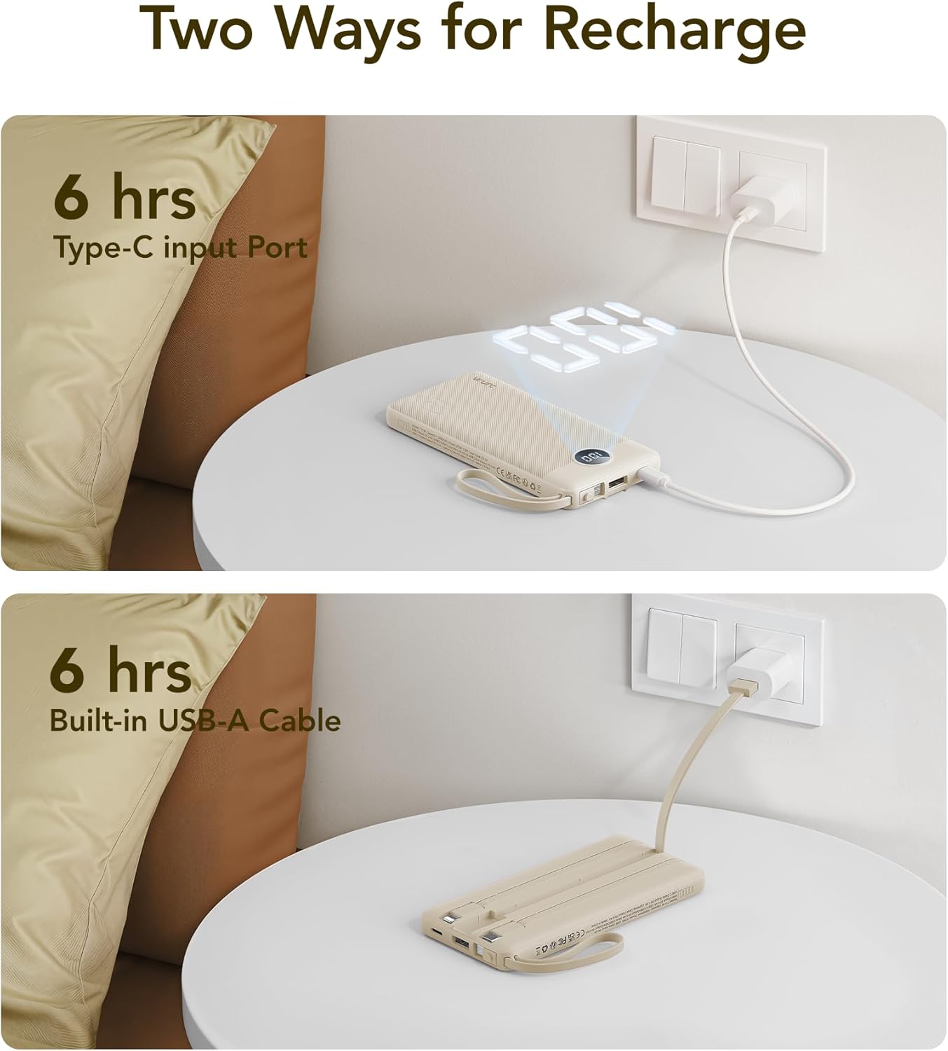 VRURC 10000mAh Power Bank Built-in Cables, Portable Charger with LED Display, Slim Intelligent Travel Battery Pack with Cords, 5 Output Dual Input Phone Charger for Cell Phone Smart Devcies-Blue