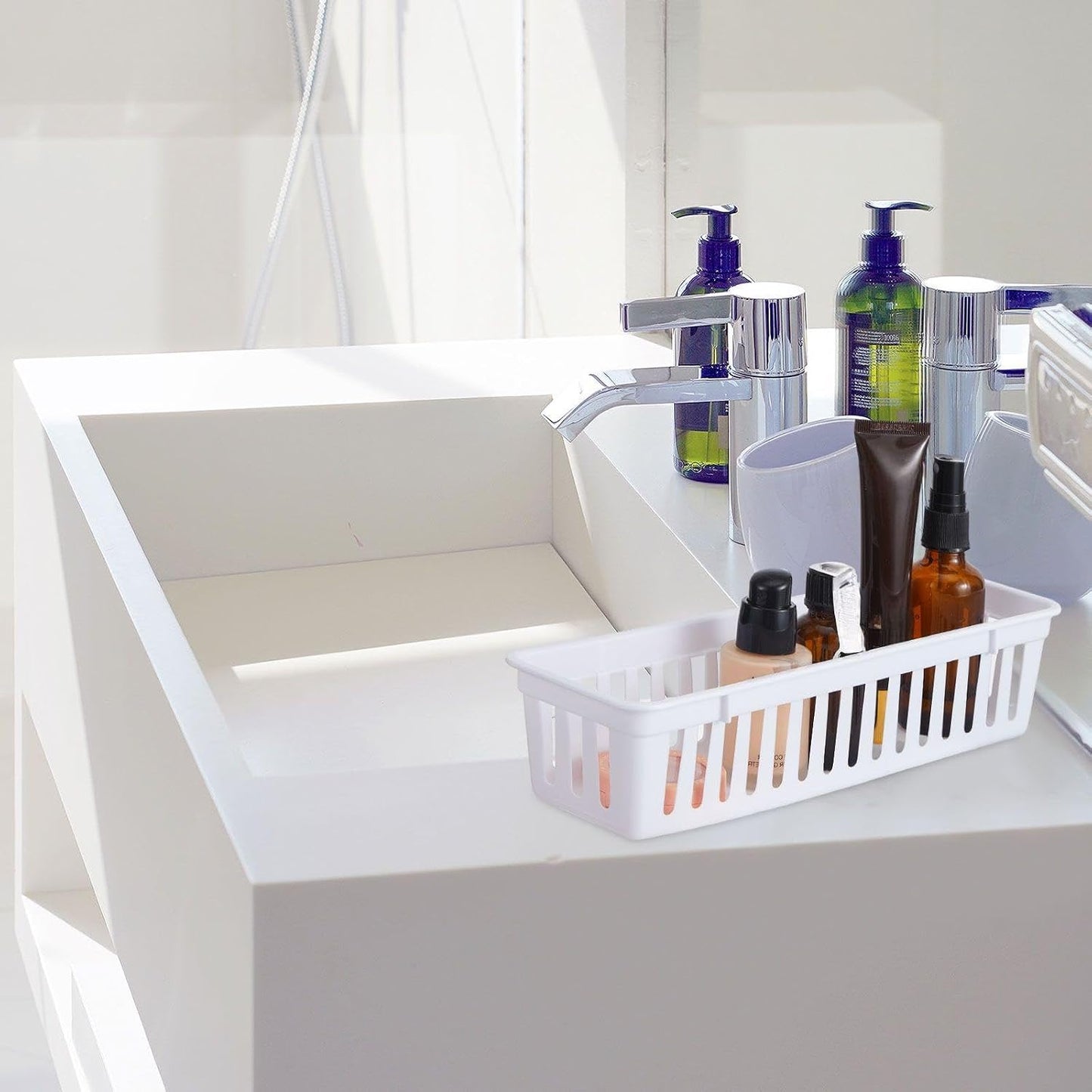 Domensi 24 Pcs Slim Plastic Storage Baskets 10.25 x 3.25 x 2.5 Inches Storage Bins White Drawer Organizer Trays Pencil Holder for Desk Pen Baskets Tray Classroom Garage Containers Supplies (White)
