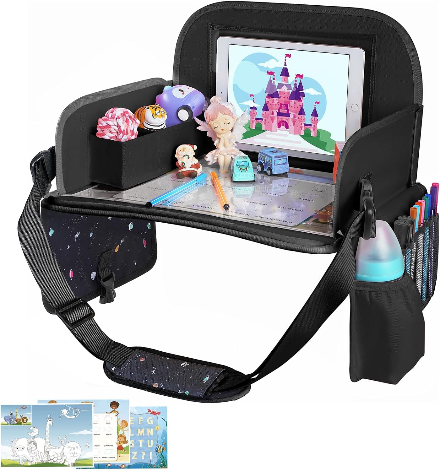 Kids Travel Tray for Car Seat | Portable Lap Desk with Dry Erase Drawing Board, Tablet Holder & Cooler Cup Holder