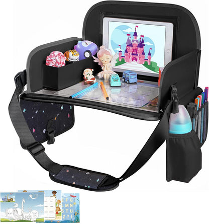 Kids Travel Tray for Car Seat | Portable Lap Desk with Dry Erase Drawing Board, Tablet Holder & Cooler Cup Holder