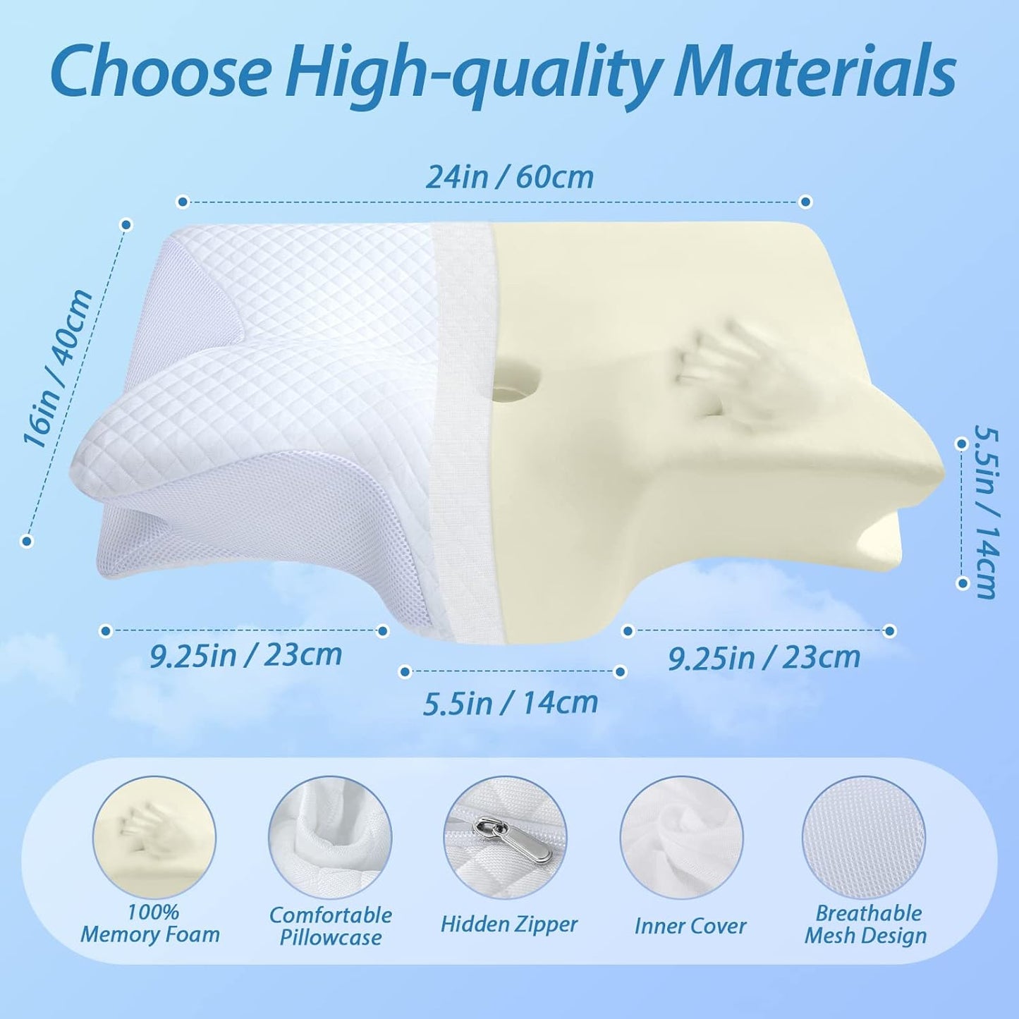 HOMCA Memory Foam Pillow, 2 in 1 Cervical Pillow for Neck Pain Relief, Ergonomic Neck Support Pillows for Side Back Stomach Sleepers with Breathable Pillowcase (Gray)