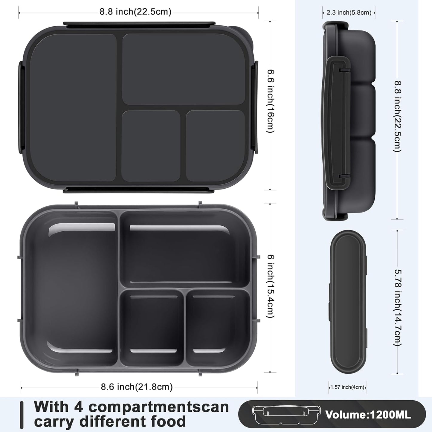 Amathley Lunch Box Kids,Bento Box Adult Lunch Box,Leakproof Lunch Containers for Adults/Kids/Toddler,1200ML-4 Compartments bento Lunch box with Utensil,Microwave & Dishwasher Safe(Dark Gray)