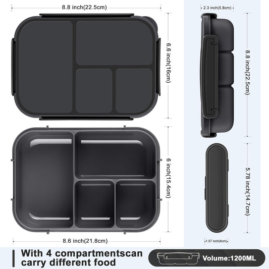 Amathley Lunch Box Kids,Bento Box Adult Lunch Box,Leakproof Lunch Containers for Adults/Kids/Toddler,1200ML-4 Compartments bento Lunch box with Utensil,Microwave & Dishwasher Safe(Dark Gray) - PuriLite