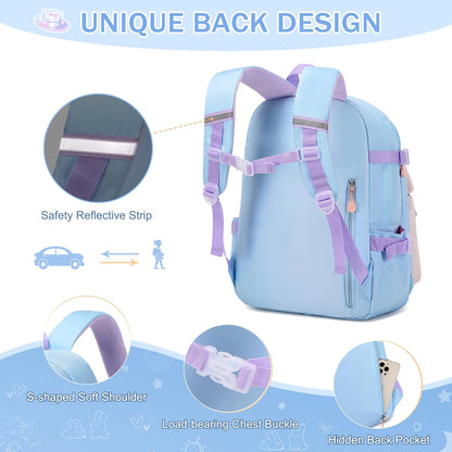 FIXITOK Girls Backpack Set, 3PCS Kids Backpack for Girls, Kawaii Bunny School Backpacks for Girl Kindergarten Elementary Preschool Middle School Bags with Lunch Box Pencil Case Aquamarine