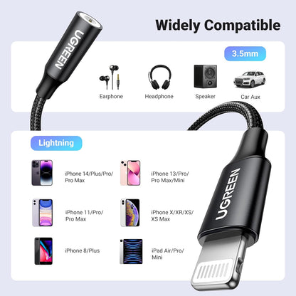UGREEN Headphone Adapter for iPhone MFi Certified Lightning to 3.5 mm Earphone Jack Male to Female Braided Audio Aux Stereo Cable Connector Dongle for iPhone 14 13 12 SE 11 Pro Max, XS XR Plus, Gray