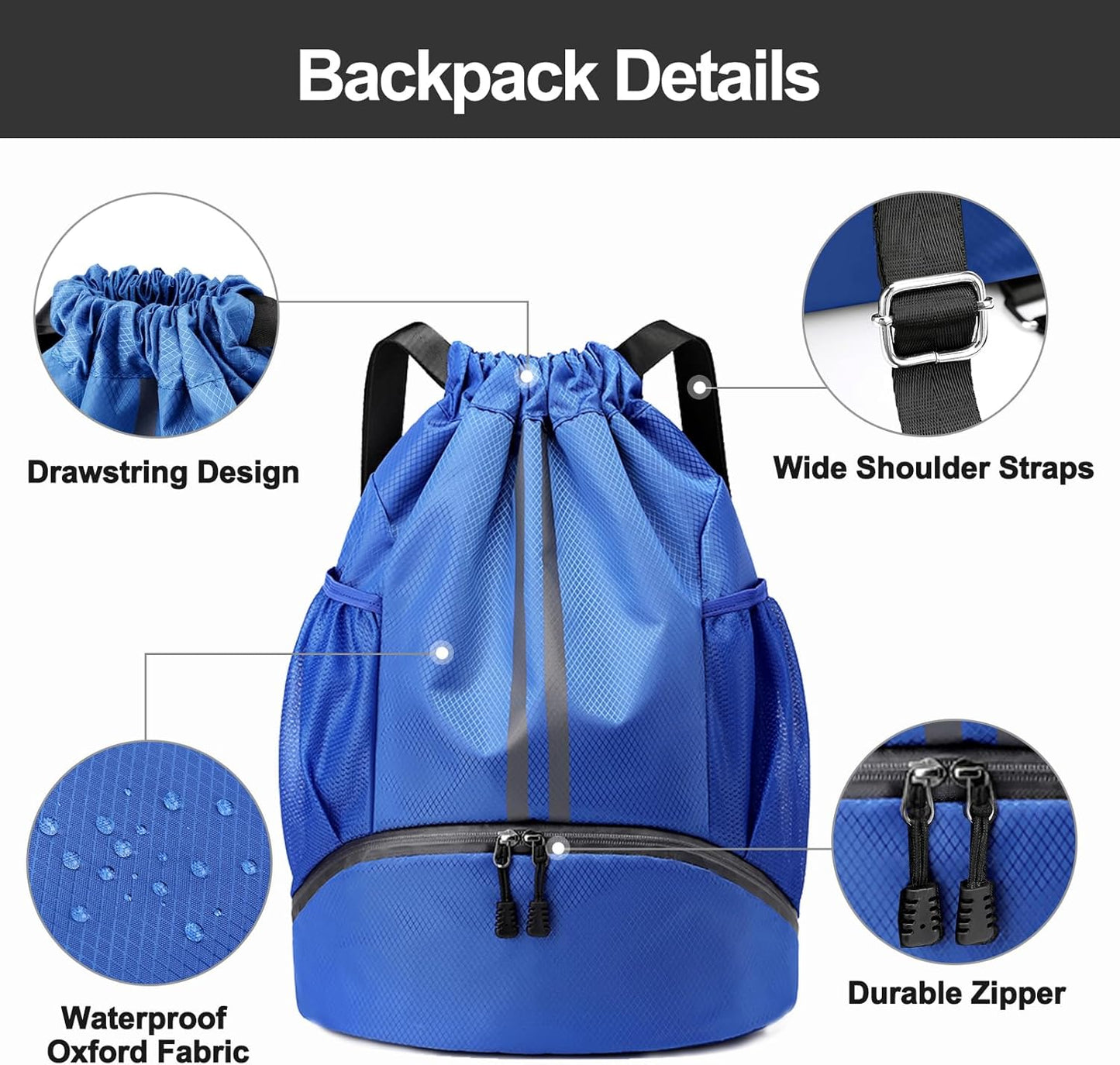 Hoedia Sports Drawstring Backpack - String Swim Gym Bag with Shoes Compartment and Wet Proof Pocket for Women/Men