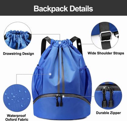 Hoedia Sports Drawstring Backpack - String Swim Gym Bag with Shoes Compartment and Wet Proof Pocket for Women/Men