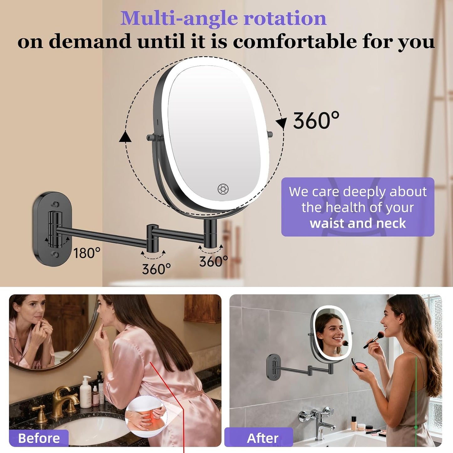 FUNTOUCH 5000mAh Rechargeable Wall Mounted Makeup Mirror, Double Sided Touch Switch 20X/1X Rectangle Wall Mounted Magnifying Mirror with Light, 3 Color Setting, Extended Arm 360°Swivel Foldable,Black