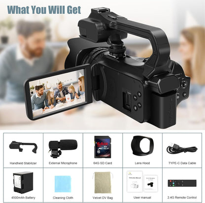 6K Camcorder Video Camera HD 64MP IR Night Vision Vlogging Camera for YouTube 18X Digital Zoom 4.0 Inch Touch Screen Video Camera with WiFi, Microphone, Stabilizer, Remote Control, 64GB SD Card
