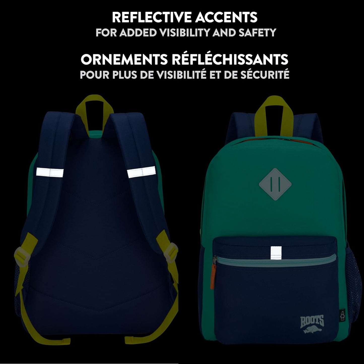 Roots Kids Lightweight Backpack — Made from 100% Recycled Fabrics with Rain Flap, Bottle Pocket, Reflective Accent, and Back Padding — 22.5 litres, Pink & Purple