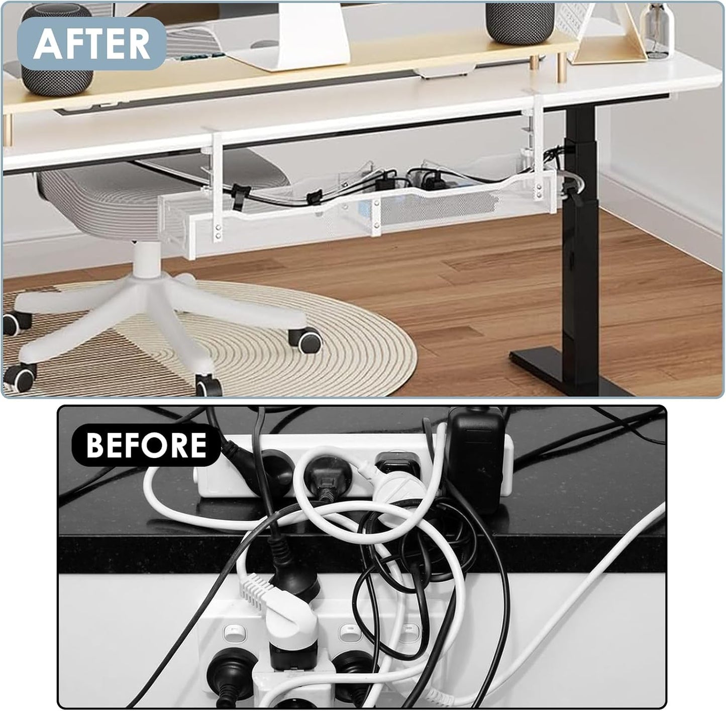 Cable Management, 64CM Cable Management Under Desk No Drill, Metal Cord Organizer with Clamp for Standing Desk, Cable Organizer for Home Office, White