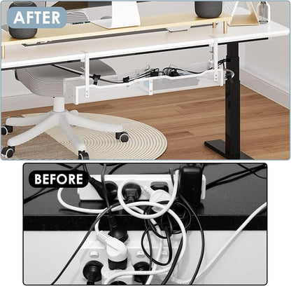Cable Management, 64CM Cable Management Under Desk No Drill, Metal Cord Organizer with Clamp for Standing Desk, Cable Organizer for Home Office, White