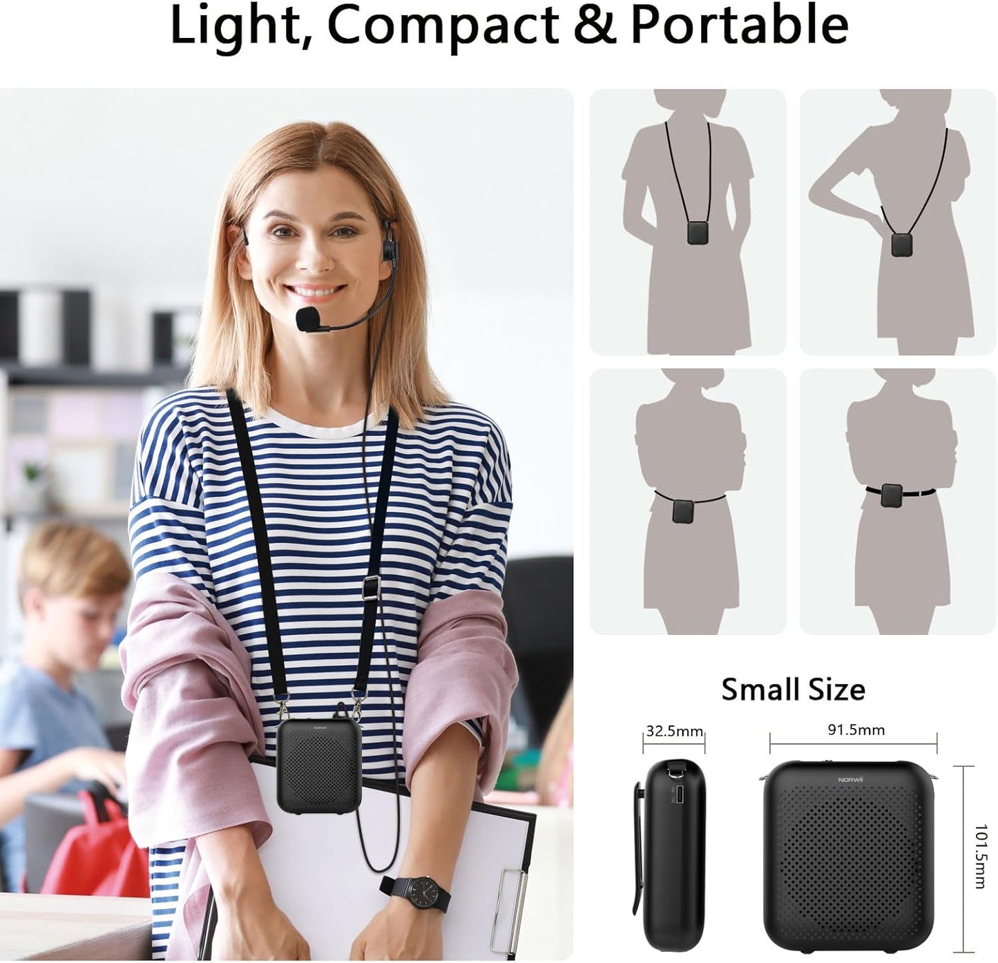 NORWII Mini Voice Amplifier S358 Portable 4000mAh Rechargeable with Wired Microphone Headset & Waistband, Personal Microphone and Speaker for Teachers Tour Guides ect. (Black)