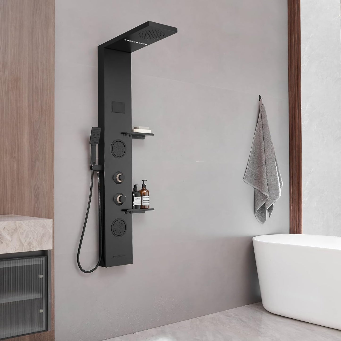 BATHLAVISH LED Black Shower Panels, Shower Tower with Storage Shelf 304 Stainless Steel System with Rainfall Shower Head with Handheld Massage Body Jets Bathroom Matte Black Waterfall Bathtub