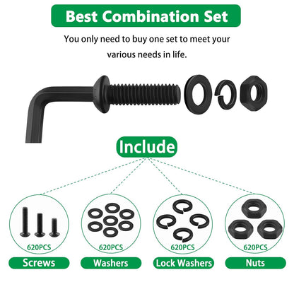 860PCS Metric Screw Assortment Kit, M2 M3 M4 M5 Machine Screws with Lock & Flat Washers, 10.9 Grade Alloy Steel, Metric Hex Button Head Cap Nuts and Bolts Assortment Kit with 4 Wrenches