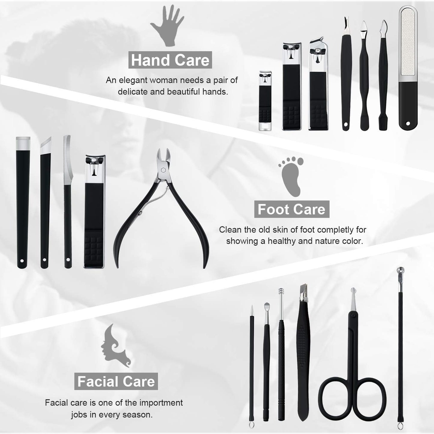 Keiby Citom Professional Stainless Steel Nail Clipper Travel & Grooming Kit Nail Tools Manicure & Pedicure Set of 18pcs with Luxurious Case (Black)