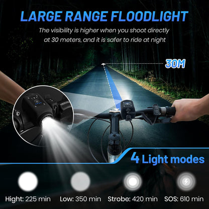 Bike Horn with Light, 110 dB Bicycle Electric Horn Front Headlight, 6 Sounds and 4 Light Modes, Adjustable Brightness Volume, USB Rechargeable, Battery Powered
