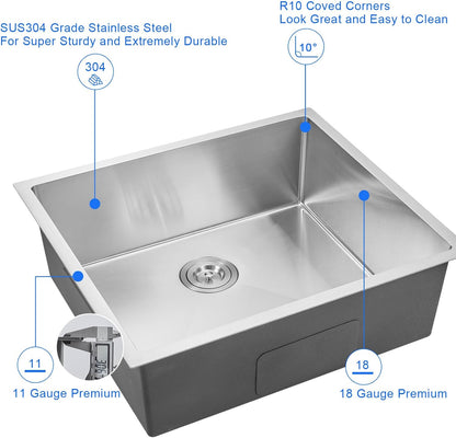 MENATT 20-inch Undermount Kitchen Sink, SUS304 Stainless Steel Handmade Single Bowl Kitchen Sink with Sink Strainer (Brushed), 20"x16"x9"
