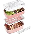 Bento Box, Lunch Box for Adult, Compact Bento Box Set- 2-Layer Stackable Lunch Box with Utensils, Leak-Proof and Durable Food Container for Work, Picnic, and Travel (Pink)