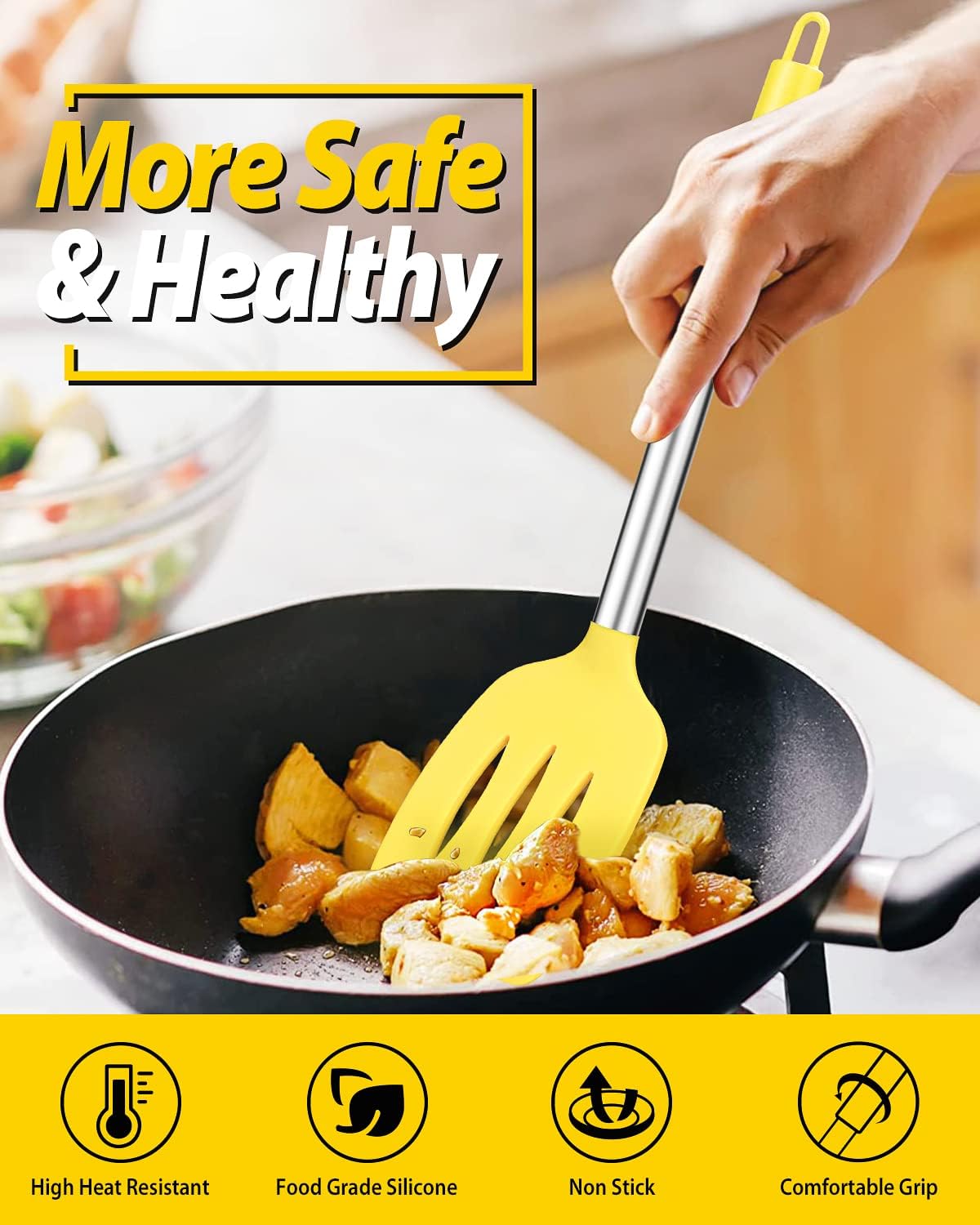 Pack of 2 Silicone Slotted Spatula,Non Stick Solid Kitchen Turner, High Heat Resistant BPA Free Cooking Utensils for Fish, Eggs, Pancakes（Black