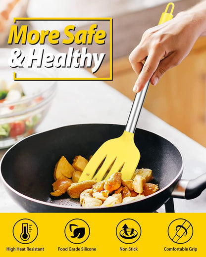 Pack of 2 Silicone Slotted Spatula,Non Stick Solid Kitchen Turner, High Heat Resistant BPA Free Cooking Utensils for Fish, Eggs, Pancakes（Black