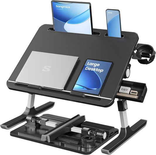 SONGMICS Bed Laptop Desk, Foldable Bed Desk for Laptop, 56 x 40 cm Large Desktop, 120° Stepless Tilt, Adjustable Height, Cup Holder, Tray, Portable Sofa Table, Ink Black ULLD113BC01