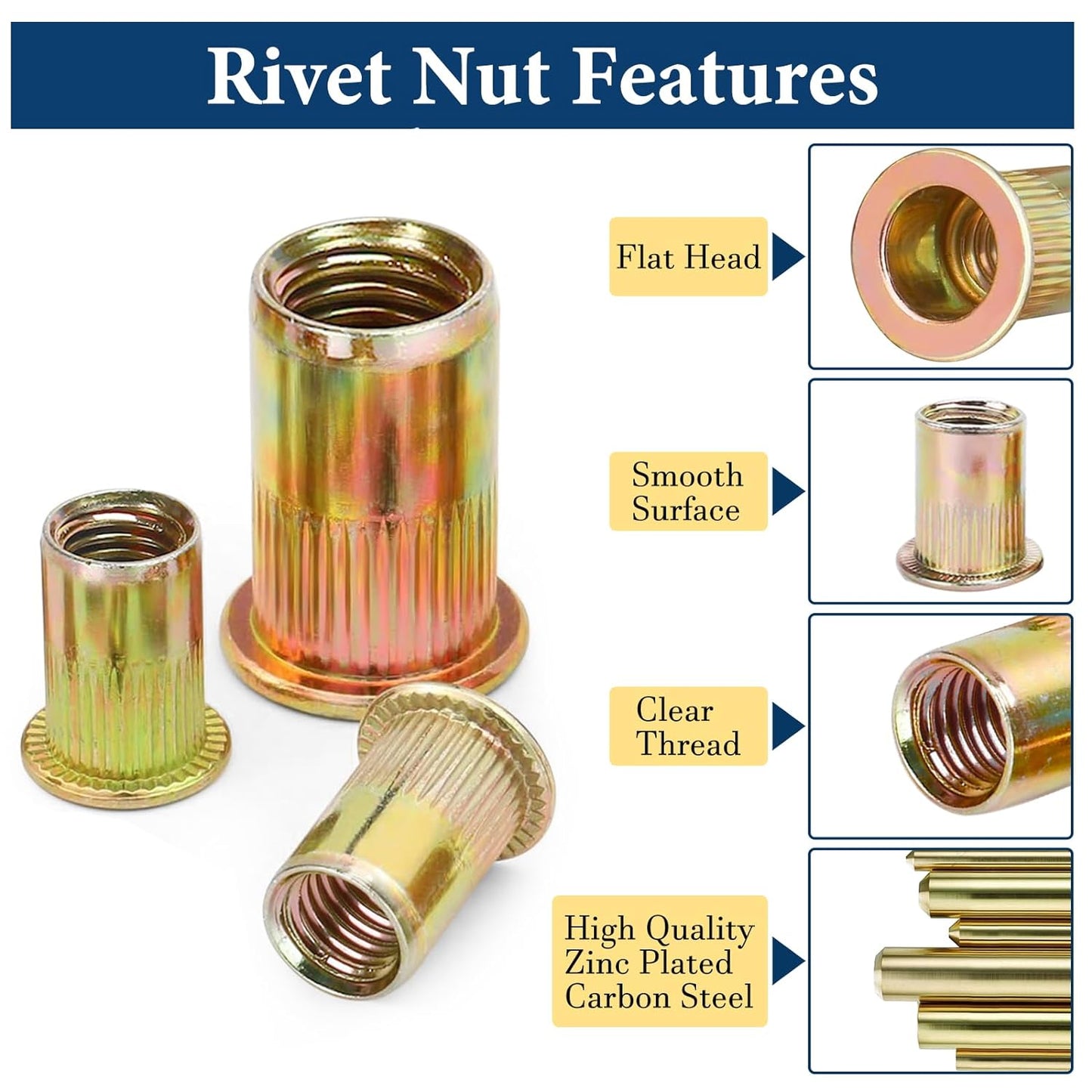 Vifmy Metric & SAE Rivet Nut Assortment Kit(420 Pcs),m3 m4 m5 m6 m8 m10 m12#6-32#8-32#10-24 1/4"-20 5/16"-18 3/8"-16 UNC Flat Head Rivnut Set,Zinc Plated Finish Carbon Steel Nutsert