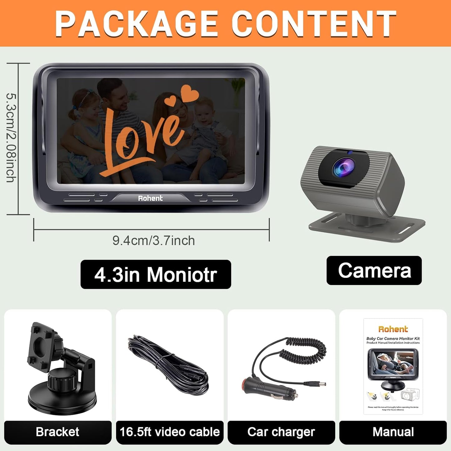 Rohent Baby Car Camera HD 1080P - Rear-Facing Infant Monitor with Night Vision Car Camera for Baby 150° Wide-Angle Lens Anti-Glare Screen Easy Install 360° Adjustable Display