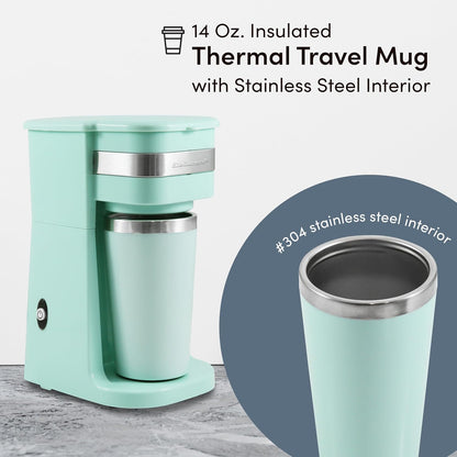 Elite Gourmet EHC113M Personal Single-Serve Compact Coffee Maker Brewer Includes 14Oz. Stainless Steel Interior Thermal Travel Mug, Compatible with Coffee Grounds, ReCaable Filter, Mint