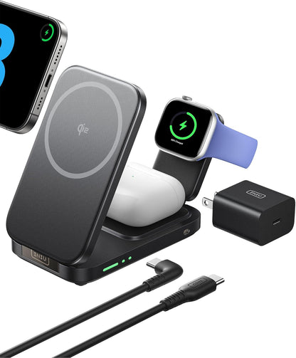 INIU 3 in 1 Wireless Charging Station, Qi2 Certified 15W Travel Charger for Apple Multiple Devices, Foldable Charger Stand for iPhone 16 15 14 13 12 Series Apple Watch AirPods (with Adapter)