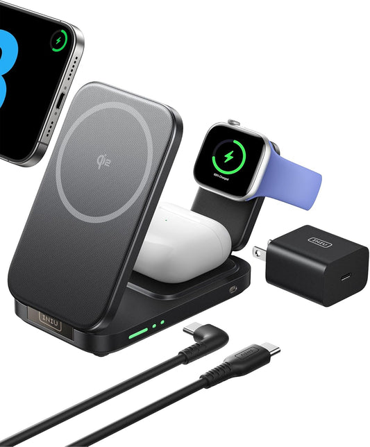 INIU 3 in 1 Wireless Charging Station, Qi2 Certified 15W Travel Charger for Apple Multiple Devices, Foldable Charger Stand for iPhone 16 15 14 13 12 Series Apple Watch AirPods (with Adapter)