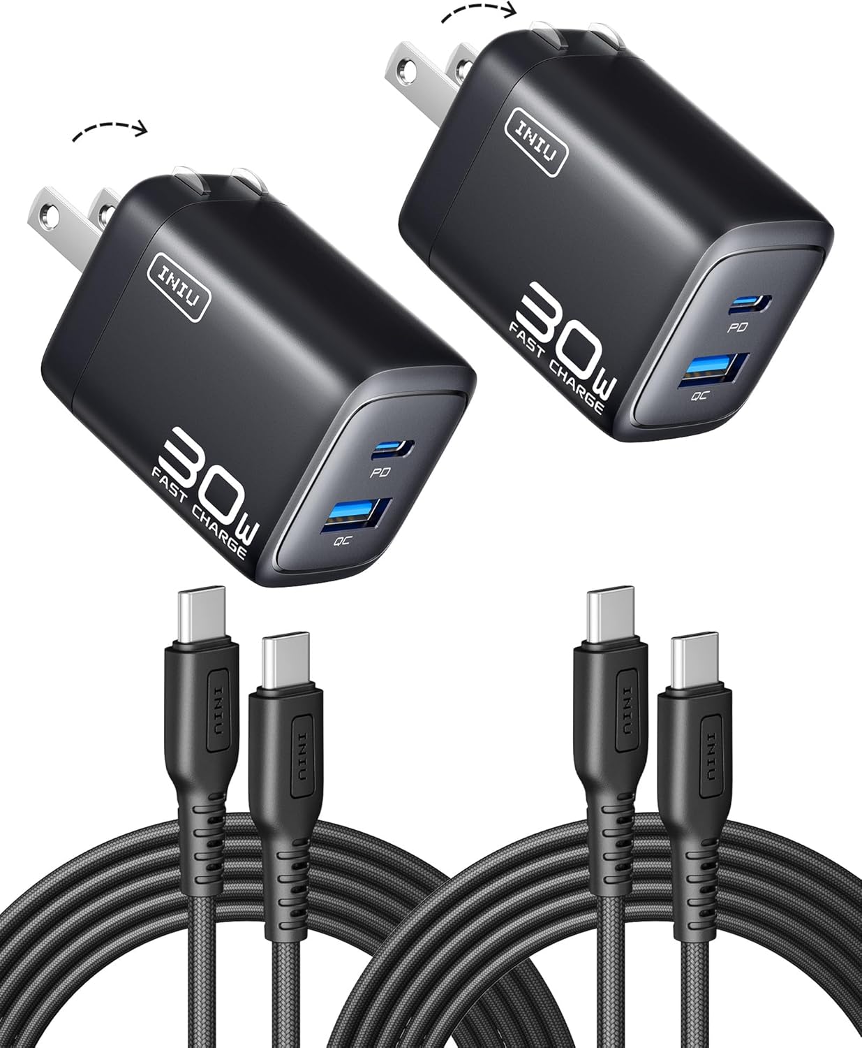 INIU USB C Charger, 2-Pack 30W PD QC 3.0 Dual Port Fast Charging Type C Charger Block With 5ft USB-C Cable, Compact USB C Wall Charger with Foldable Plug for iPhone 16 15 14 Pro Max Samsung S23, White