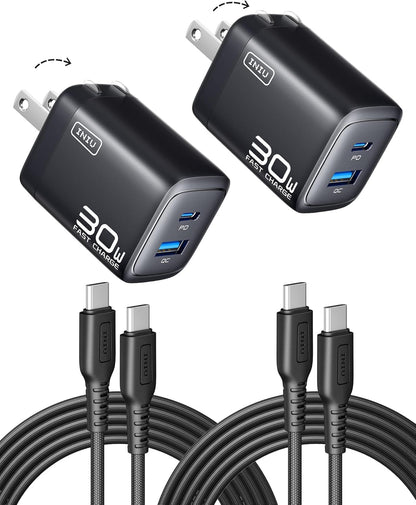 INIU USB C Charger, 2-Pack 30W PD QC 3.0 Dual Port Fast Charging Type C Charger Block With 5ft USB-C Cable, Compact USB C Wall Charger with Foldable Plug for iPhone 16 15 14 Pro Max Samsung S23, White