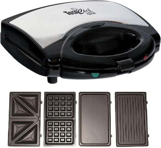 Total Chef 4 in1 Grill Waffle Maker - Mini Belgium Gaufre, Sandwich, Panini Press Machine, Electric, Non-Stick Removable Plates, Easy To Clean Countertop Cooking Kitchen Appliance For Breakfast