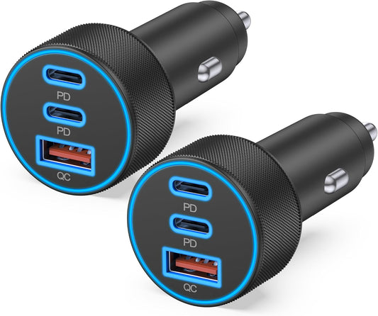 USB C Car Charger, 2 Pack 3-Port 67W Type C Super Fast Car Phone Charger Accessories Multiport Dual USB-C & USB-A Cigarette Lighter Adapter for iPhone 17 16 15 14 13 12 Pro Max, iPad, Galaxy, Android